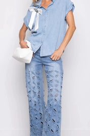 Diamond Distressed Wide Leg Jeans - Roxanne