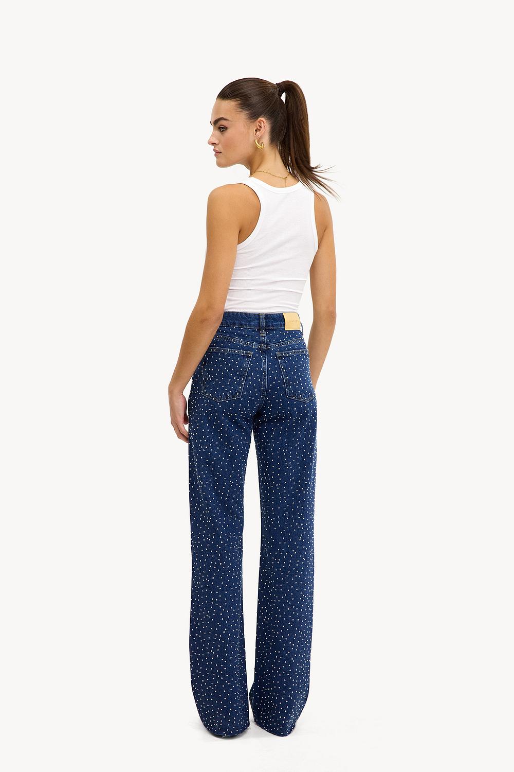 Midnight Blue Diamante Denim High Rise Wide Leg Jeans