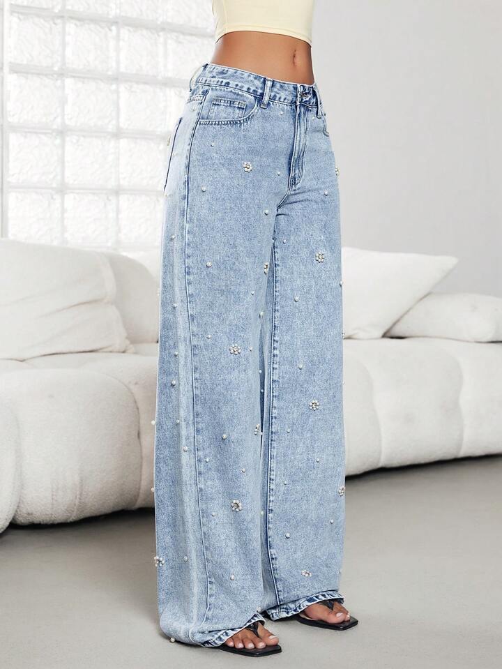 Pearl Eden - Rhinestone Embellished Wide Leg Jeans - Ice Blue
