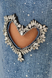Cupid’s Charm - Rhinestone Embellished Cut Out Jeans - IceBlue