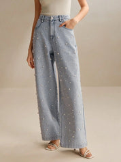 Pearl Noir - Rhinestone Embellished Wide Leg Jeans - Ice Blue