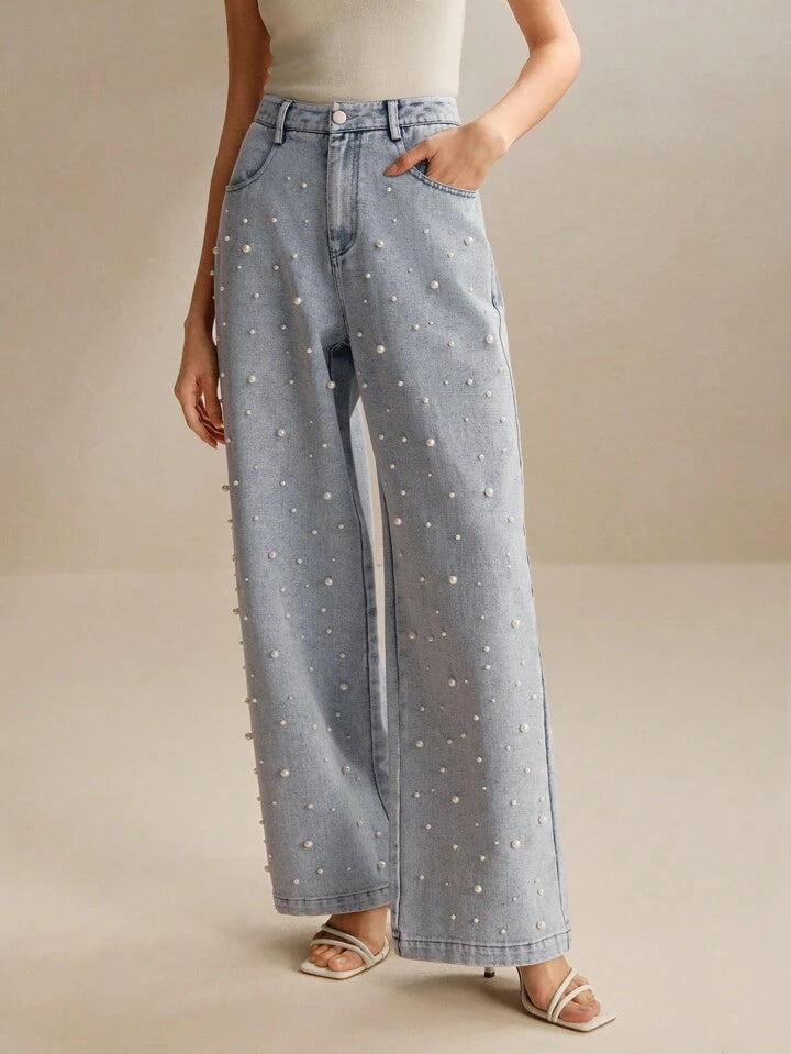 Pearl Noir - Rhinestone Embellished Wide Leg Jeans - Ice Blue