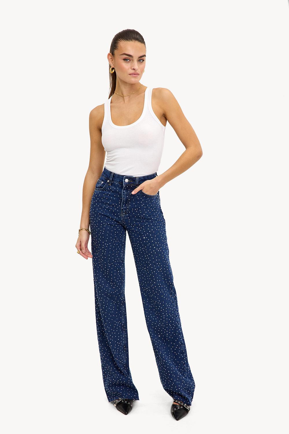 Midnight Blue Diamante Denim High Rise Wide Leg Jeans