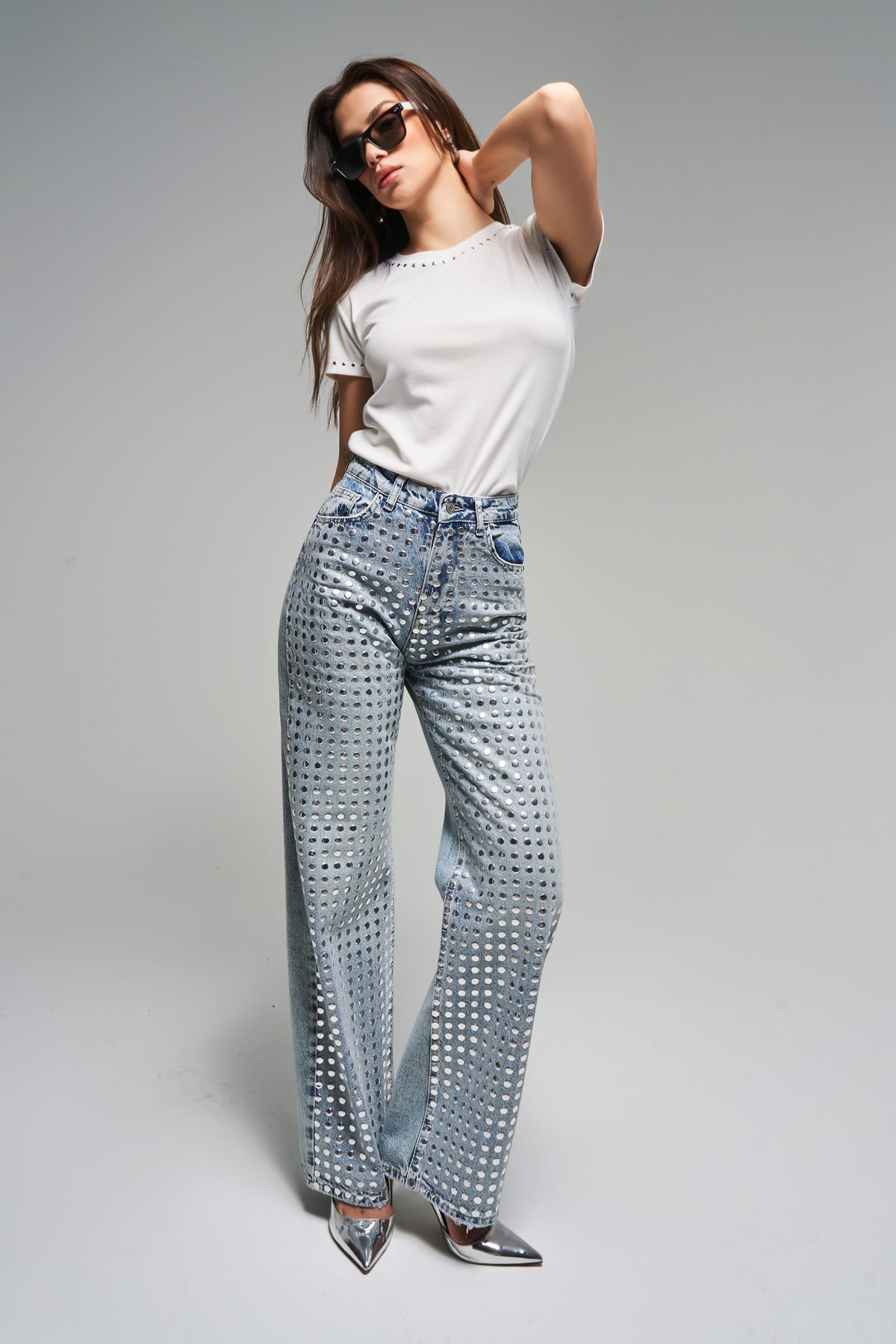 Silver Storm - Studded Wide Leg Jeans