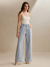 Pearl Noir - Rhinestone Embellished Wide Leg Jeans - Ice Blue