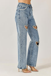 Cupid’s Charm - Rhinestone Embellished Cut Out Jeans - IceBlue