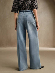 Flower Bliss - Rhinestone Embellished Wide Leg Jeans - Ice Blue