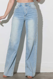 Pearl Studded Wide Leg Jeans - Ice Blue