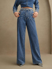 Midnight Dazzle Band - Rhinestone Embellished Wide Leg Jeans