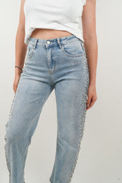 Frosted Flirt - Rhinestone Embellished Wide Leg Jeans