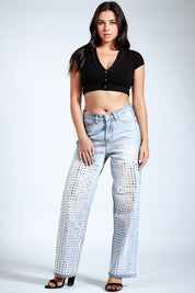 Studded Wide Leg Jeans - Ice Blue