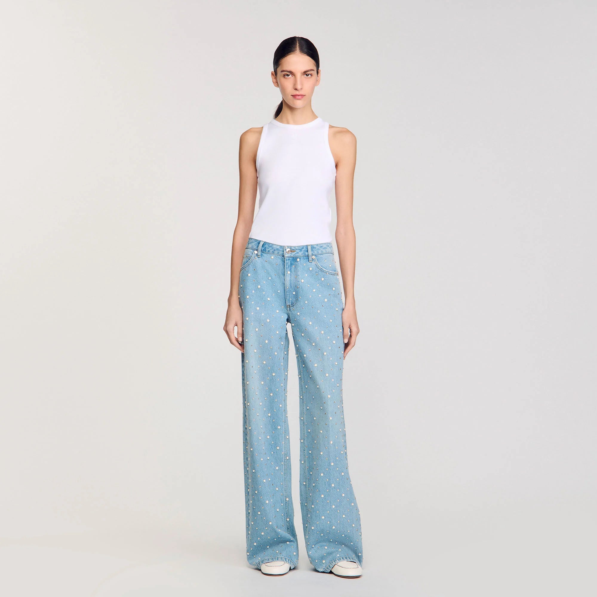 Anoushka - Rhinestone Pearl Beaded Wide Leg Jeans