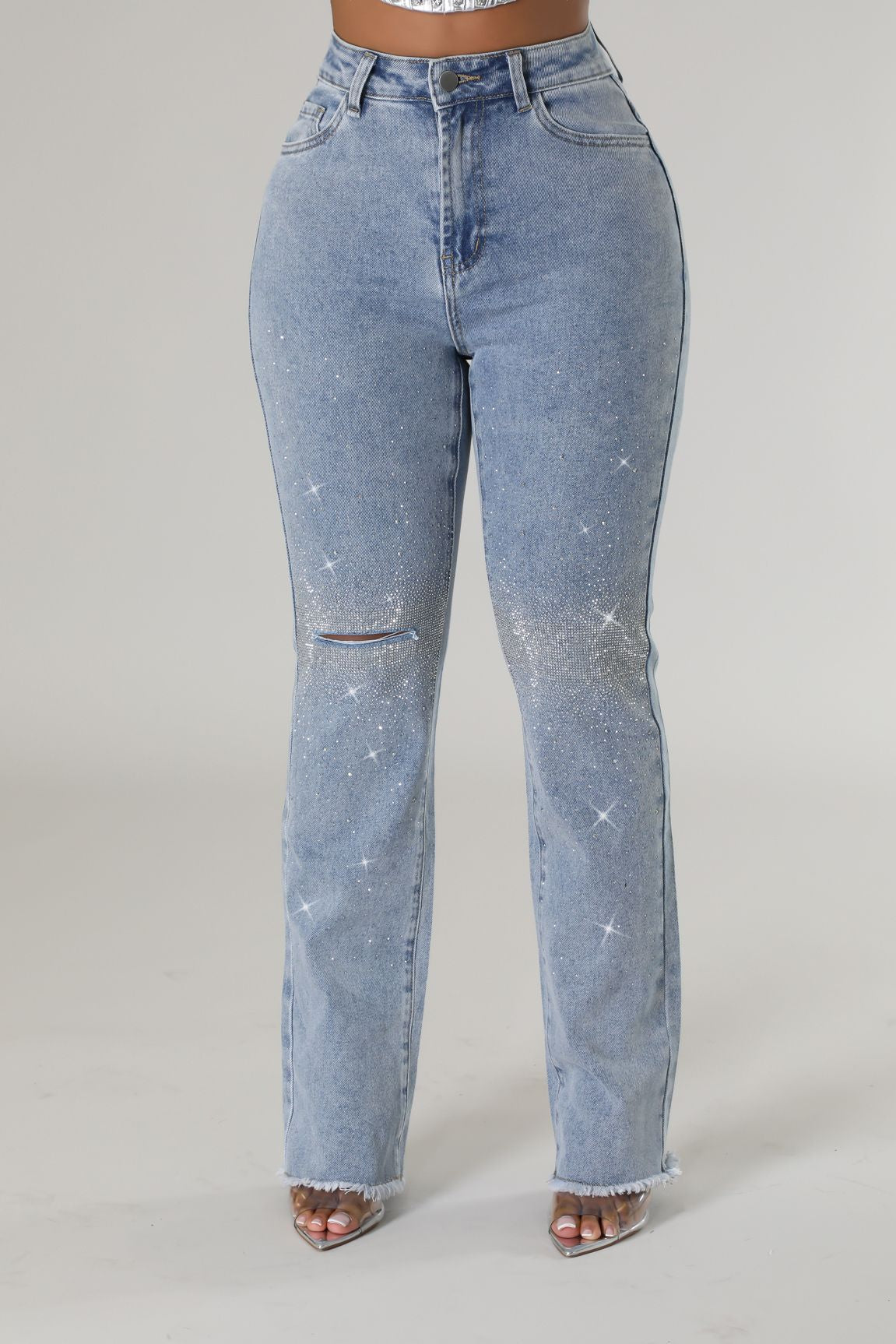 Embellished Wide Leg Fray Bottom Jeans - Eleanor