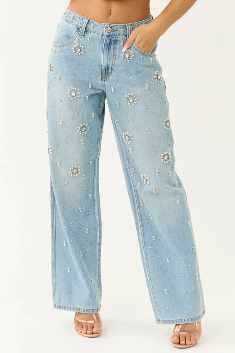 Dazie - Rhinestone Embellished Wide Leg Jeans