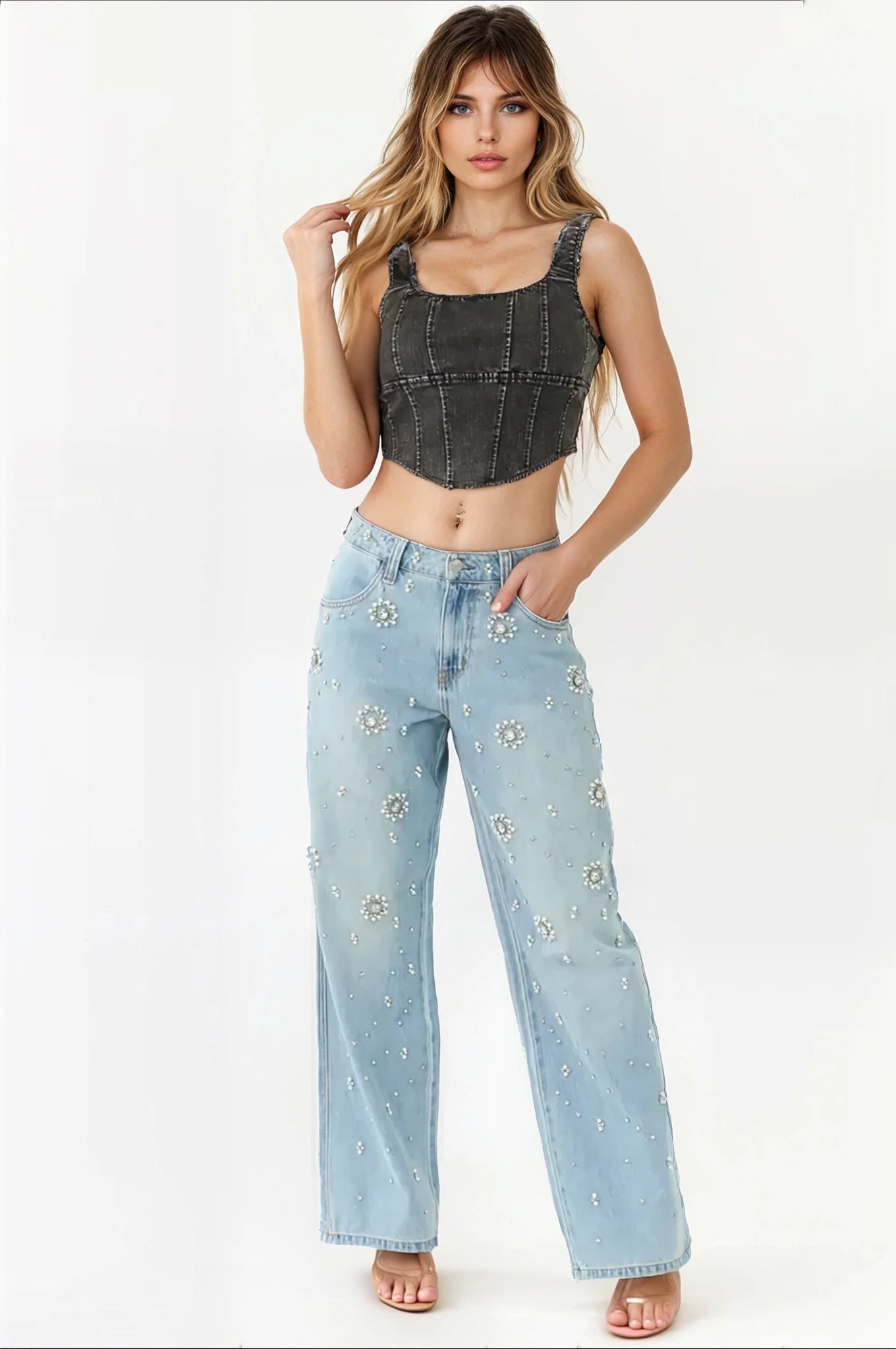 Dazie - Rhinestone Embellished Wide Leg Jeans