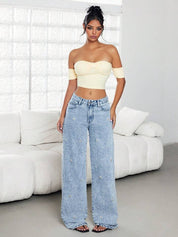 Pearl Eden - Rhinestone Embellished Wide Leg Jeans - Ice Blue