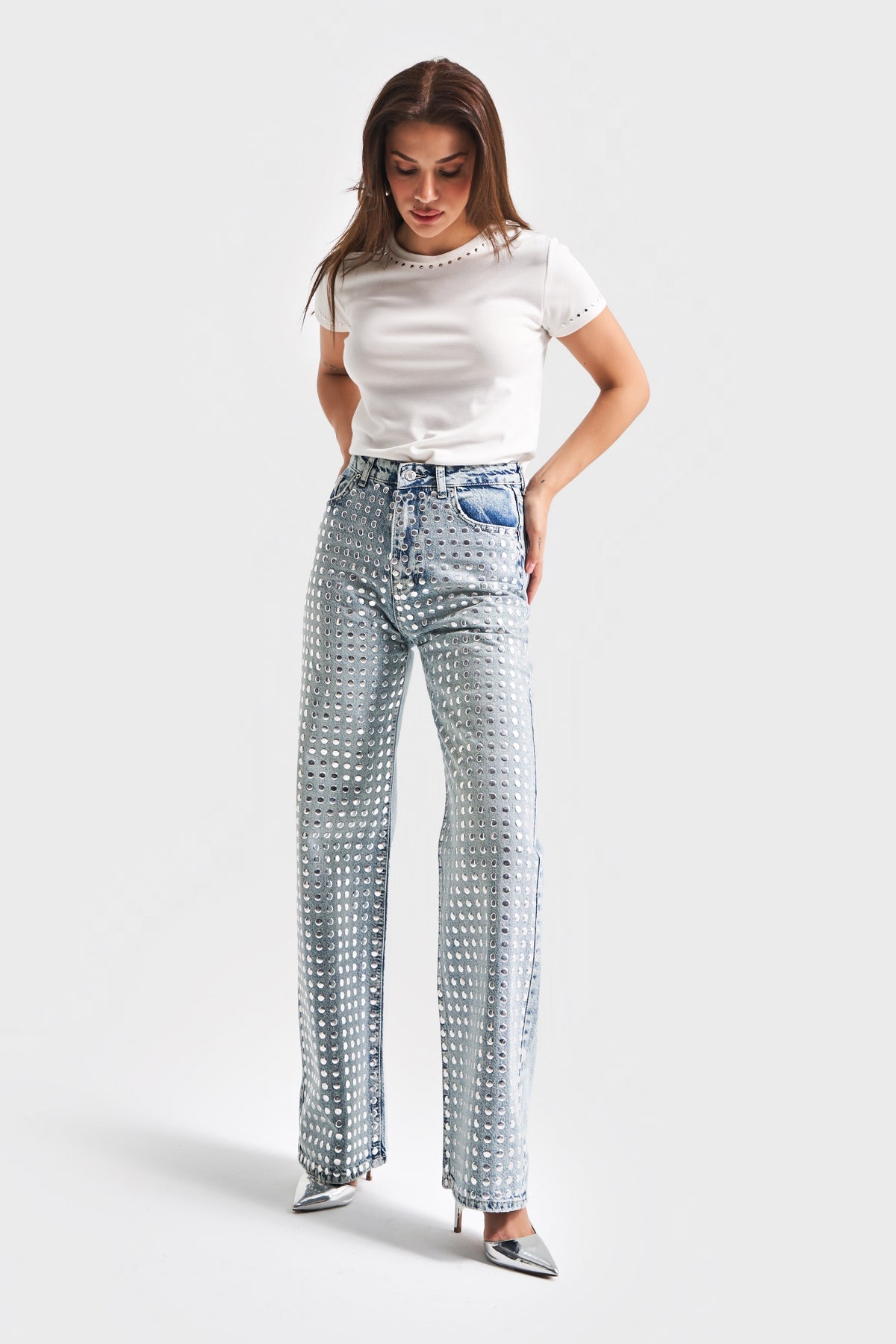 Silver Storm - Studded Wide Leg Jeans