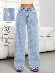 Pearl Eden - Rhinestone Embellished Wide Leg Jeans - Ice Blue