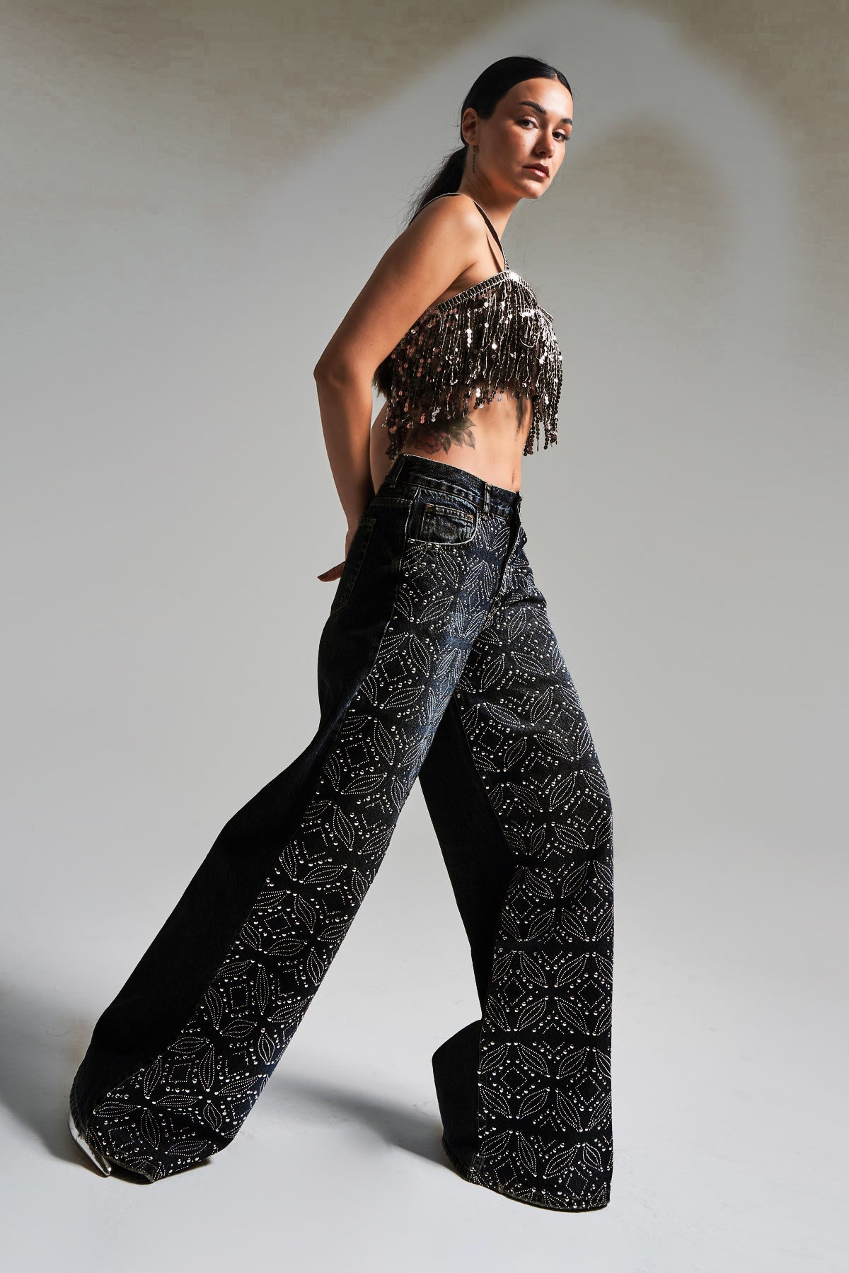 Onyx - Rhinestone Embellished Wide Leg Jeans