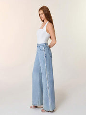 Ivory Bloom - Rhinestone Embellished Wide Leg Jeans - IceBlue