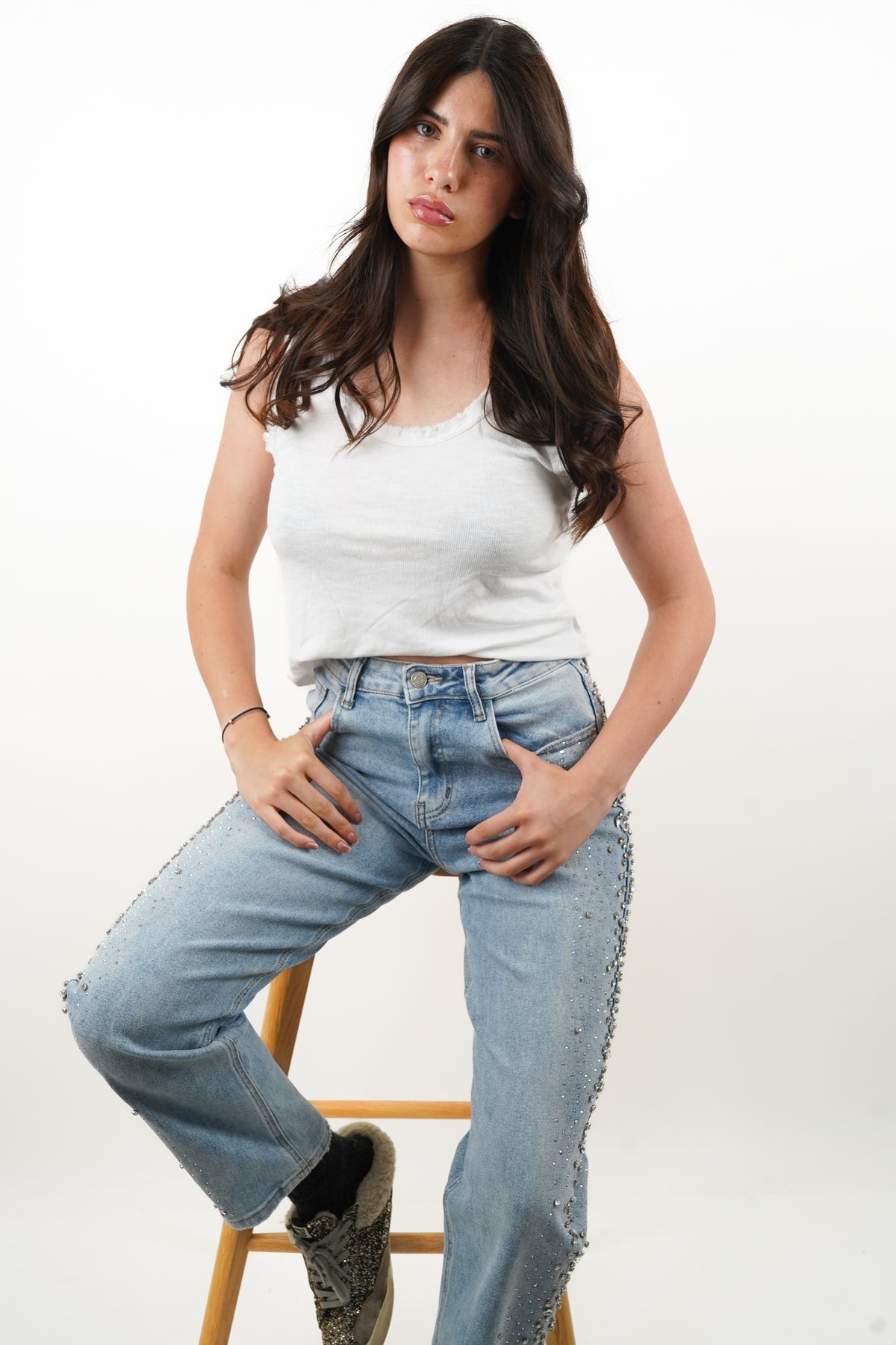 Frosted Flirt - Rhinestone Embellished Wide Leg Jeans