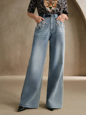 Flower Bliss - Rhinestone Embellished Wide Leg Jeans - Ice Blue