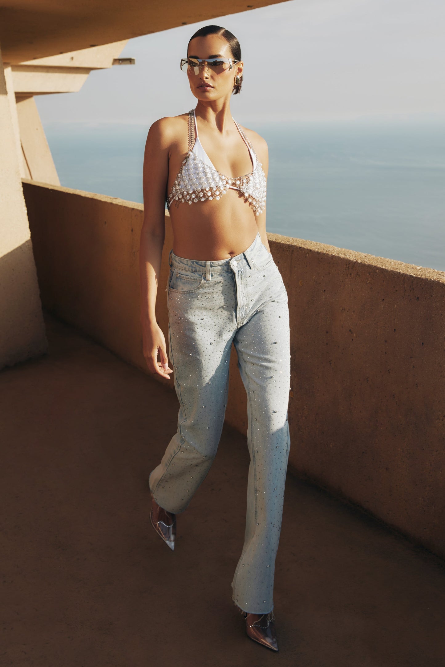 Rhinestone Embellished Wide Leg Jeans - Starlet Sparkle