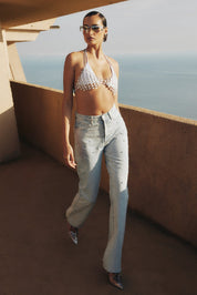 Rhinestone Embellished Wide Leg Jeans - Starlet Sparkle