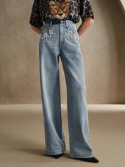 Flower Bliss - Rhinestone Embellished Wide Leg Jeans - Ice Blue