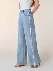 Ivory Bloom - Rhinestone Embellished Wide Leg Jeans - IceBlue