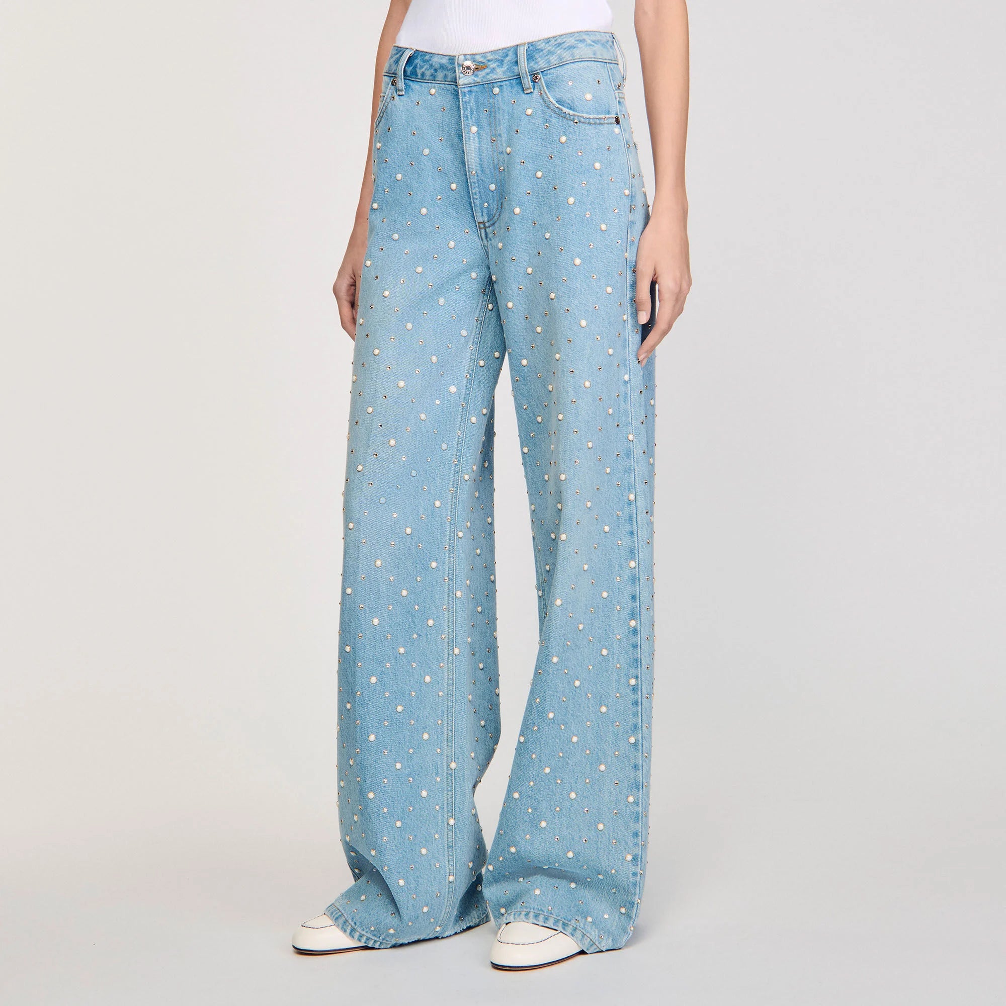 Anoushka - Rhinestone Pearl Beaded Wide Leg Jeans