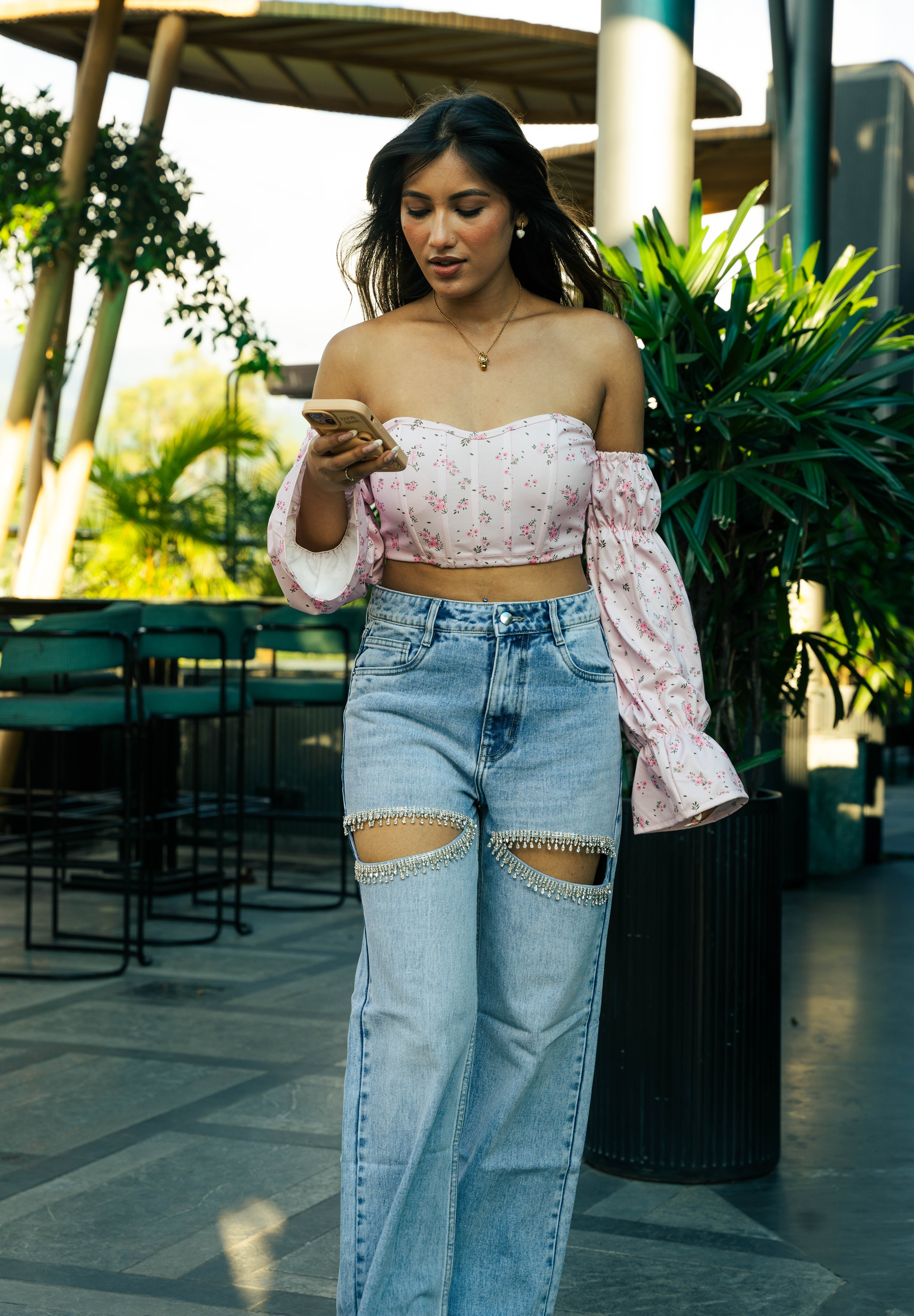 Amelia- Rhinestone Embellished Cut Out Jeans