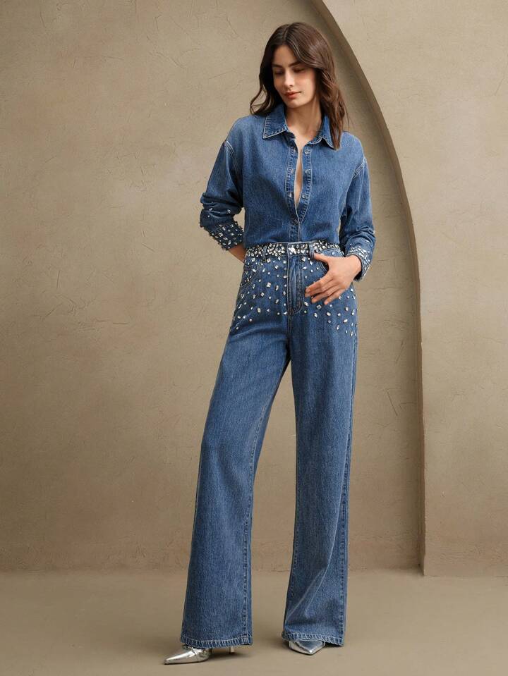 Midnight Dazzle Band - Rhinestone Embellished Wide Leg Jeans