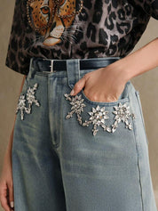 Flower Bliss - Rhinestone Embellished Wide Leg Jeans - Ice Blue