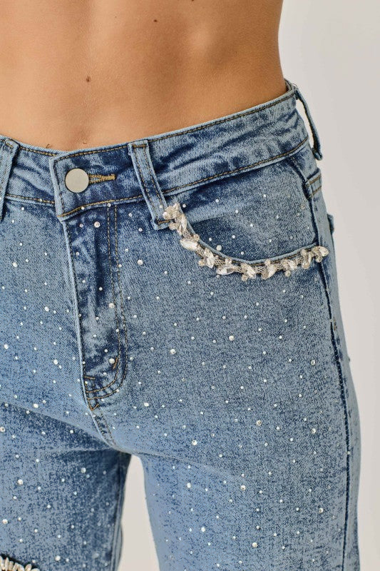 Cupid’s Charm - Rhinestone Embellished Cut Out Jeans - IceBlue