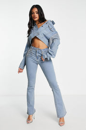 Rhinestone Fringe Boot Cut Flared Jeans Ice Blue