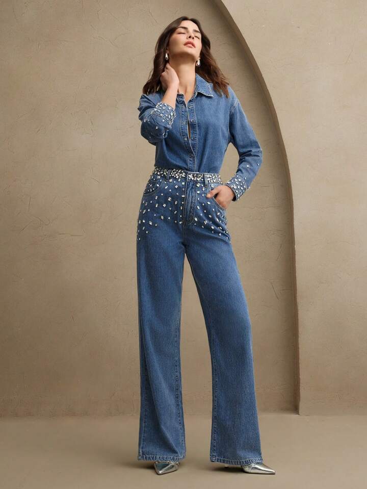 Midnight Dazzle Band - Rhinestone Embellished Wide Leg Jeans