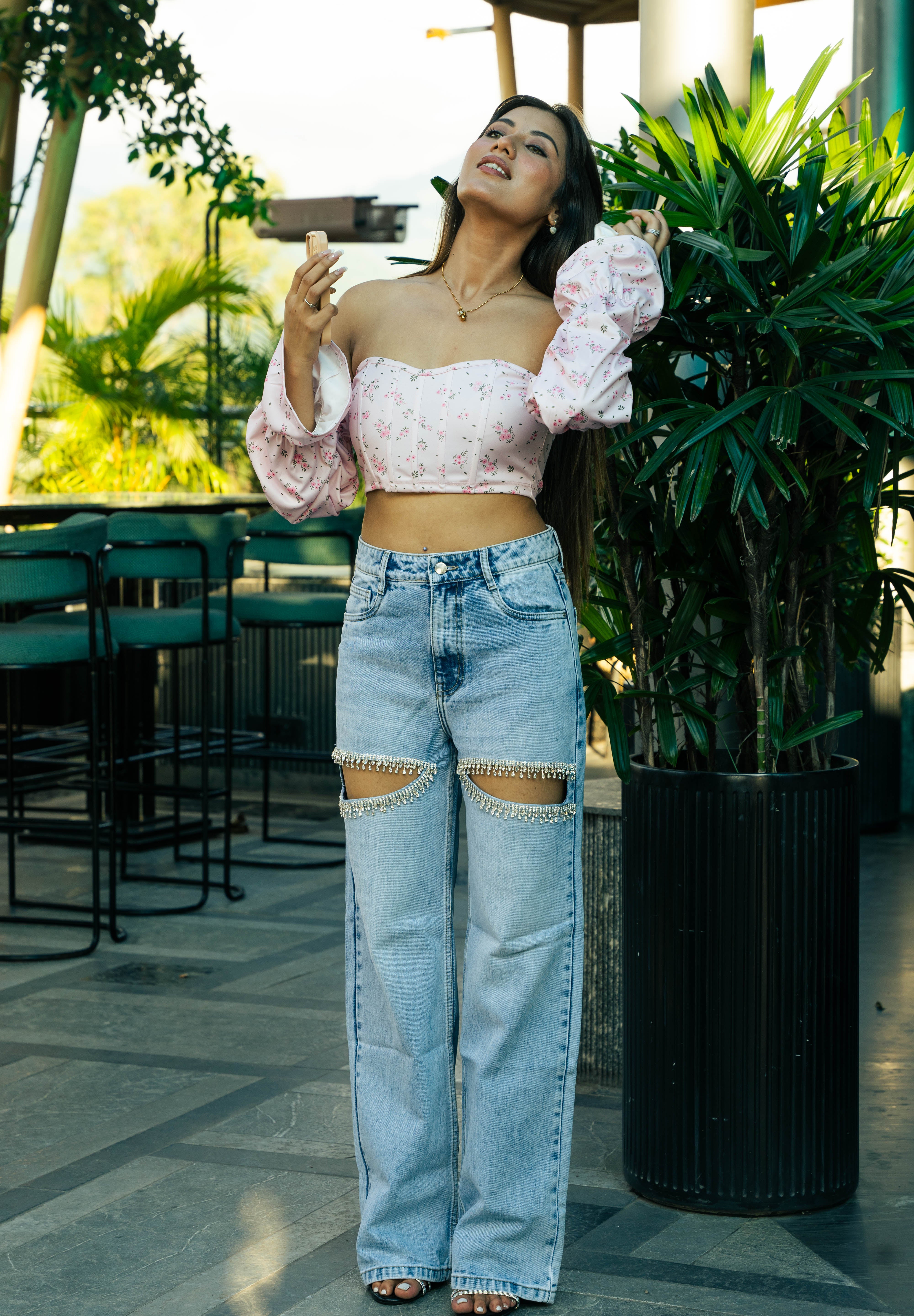 Amelia- Rhinestone Embellished Cut Out Jeans