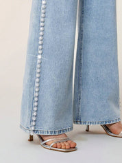 Ivory Bloom - Rhinestone Embellished Wide Leg Jeans - IceBlue