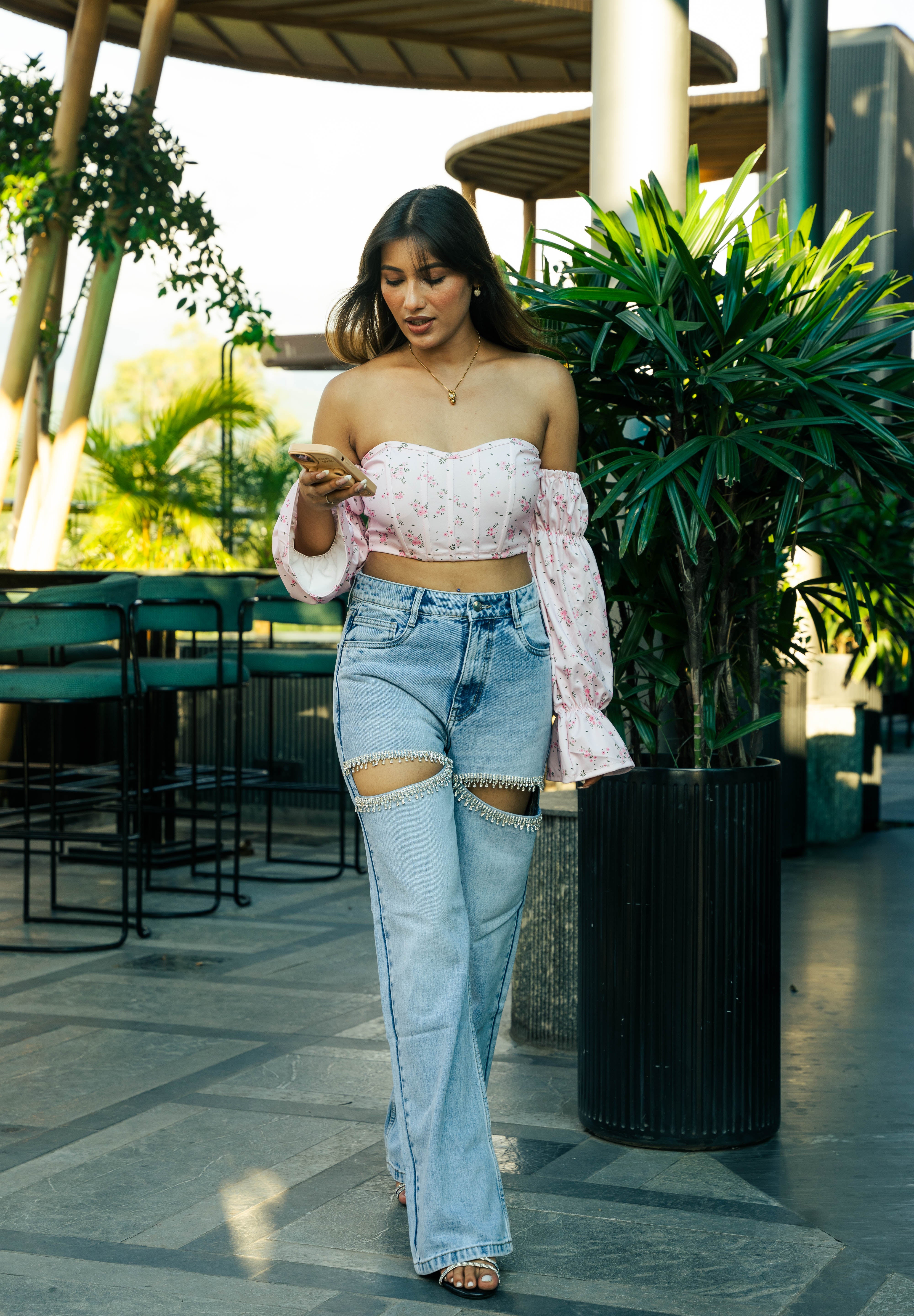 Amelia- Rhinestone Embellished Cut Out Jeans