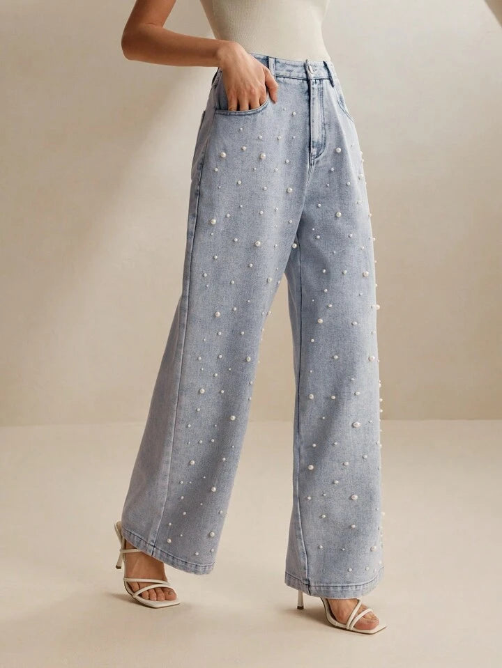 Pearl Noir - Rhinestone Embellished Wide Leg Jeans - Ice Blue