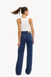 Midnight Blue Diamante Denim High Rise Wide Leg Jeans