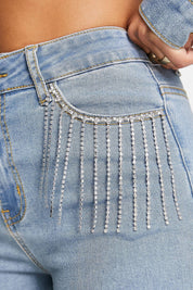 Rhinestone Fringe Boot Cut Flared Jeans Ice Blue