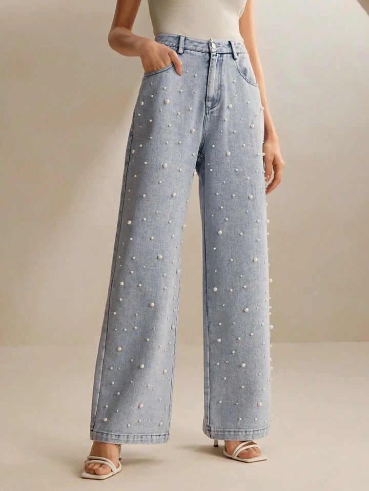Pearl Noir - Rhinestone Embellished Wide Leg Jeans - Ice Blue