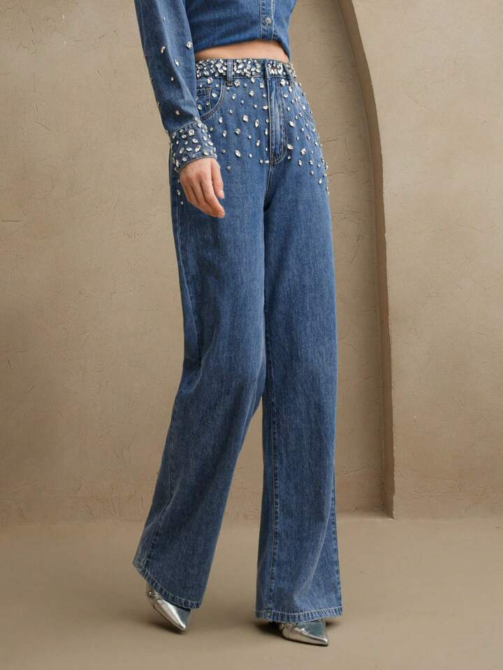 Midnight Dazzle Band - Rhinestone Embellished Wide Leg Jeans