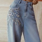 Crystal Vine - Rhinestone Embellished Wide Leg Jeans - Ice Blue