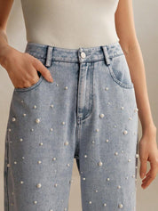 Pearl Noir - Rhinestone Embellished Wide Leg Jeans - Ice Blue