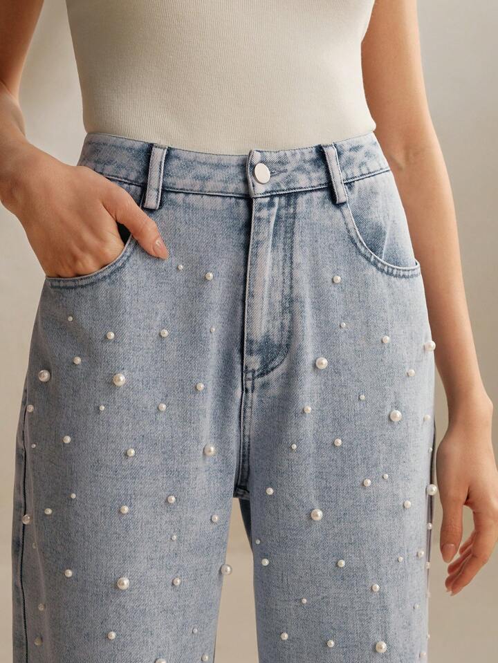 Pearl Noir - Rhinestone Embellished Wide Leg Jeans - Ice Blue