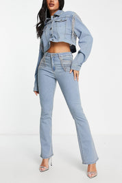 Rhinestone Fringe Boot Cut Flared Jeans Ice Blue