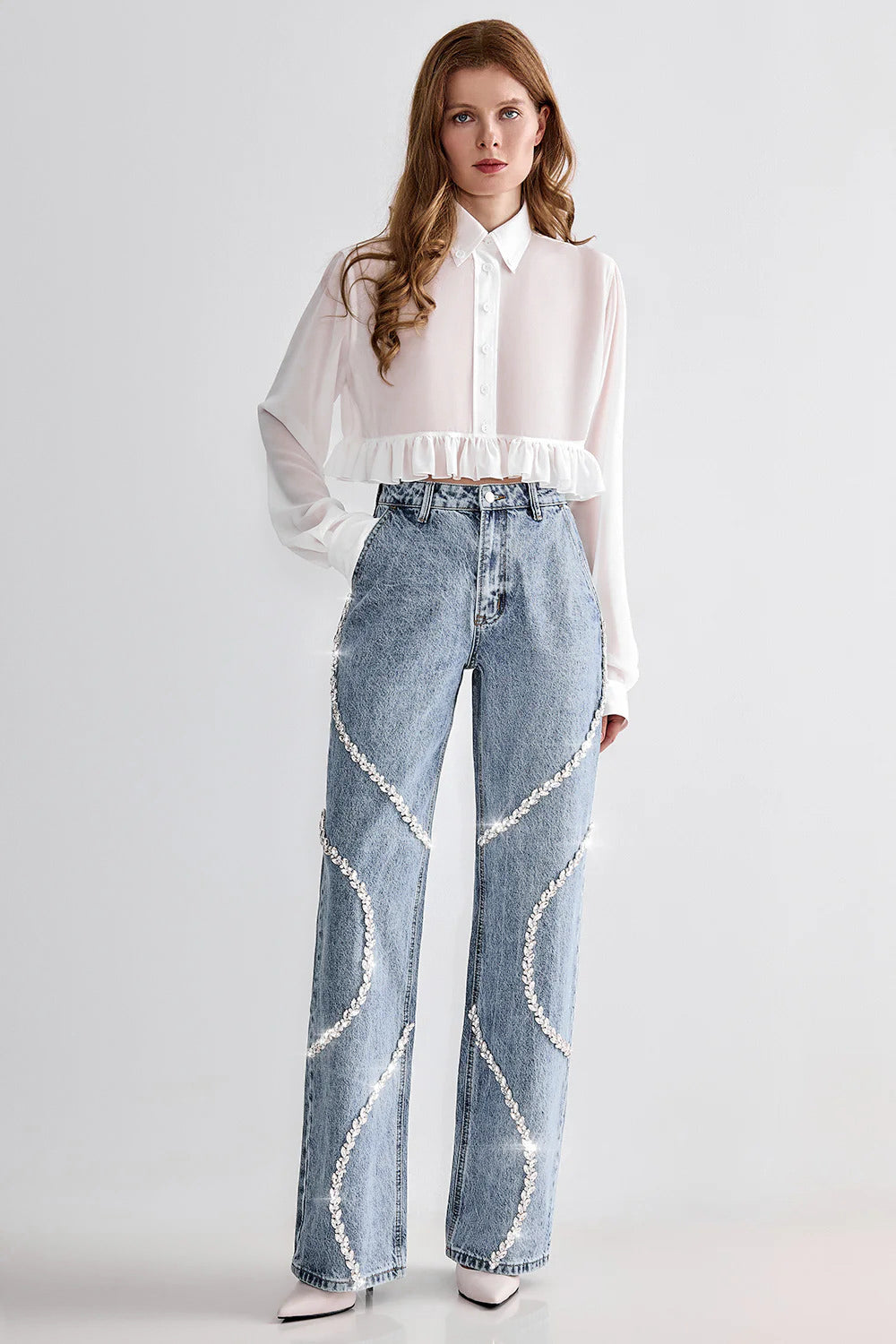 Rhinestone Embellished Wide Leg Jeans - Velora